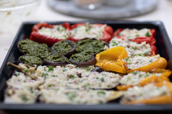 Recipe: Stuffed Capsicums / Eggplants + Pesto-Roasted Mushrooms